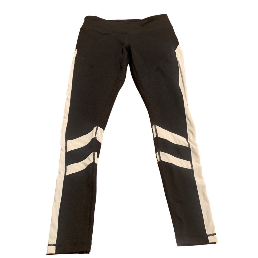Zella Women’s Black Workout Leggings White Mesh Stripes Size Medium